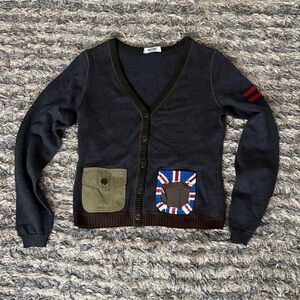 Moschino Virgin Wool Cardigan with Olive and Multicolor Pockets Size S New